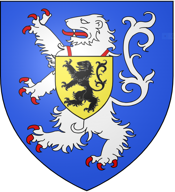 blason de la Famille Des Courtils représentant un lion blanc debout sur fond bleu portant un blason représentant un lion noir debout sur un fond jaune.